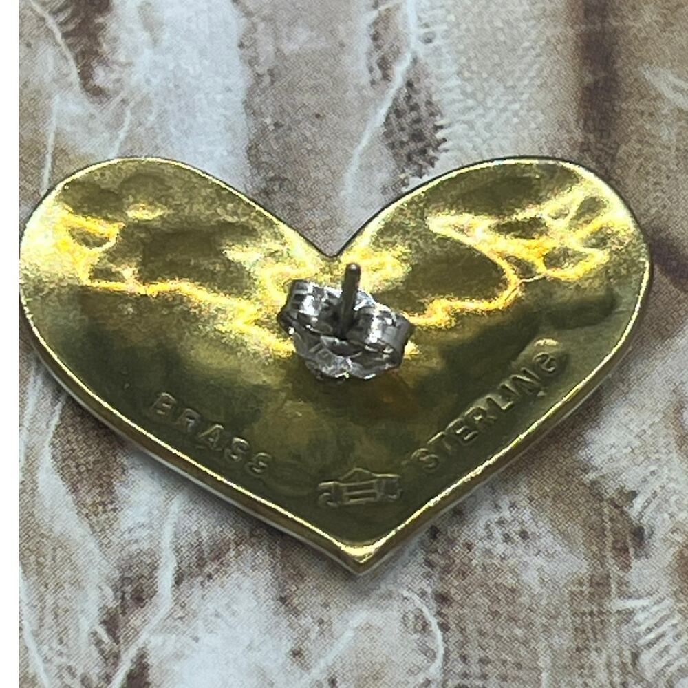 Vintage Jeep Collins Brass Sterling Hammered Heart Earrings - Picture 5 of 5